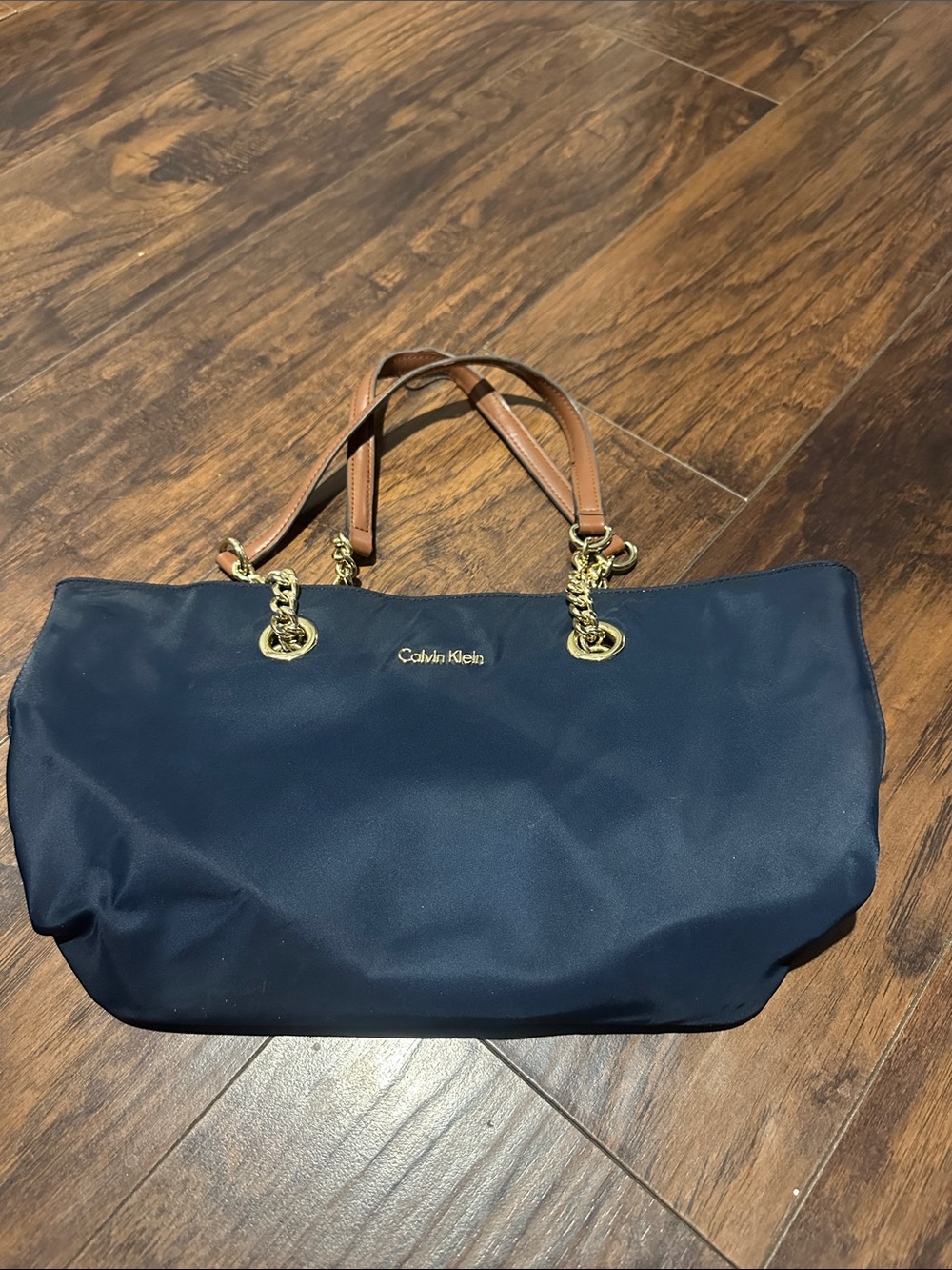 Calvin Klein Navy Tote with Brown Shoulder Straps